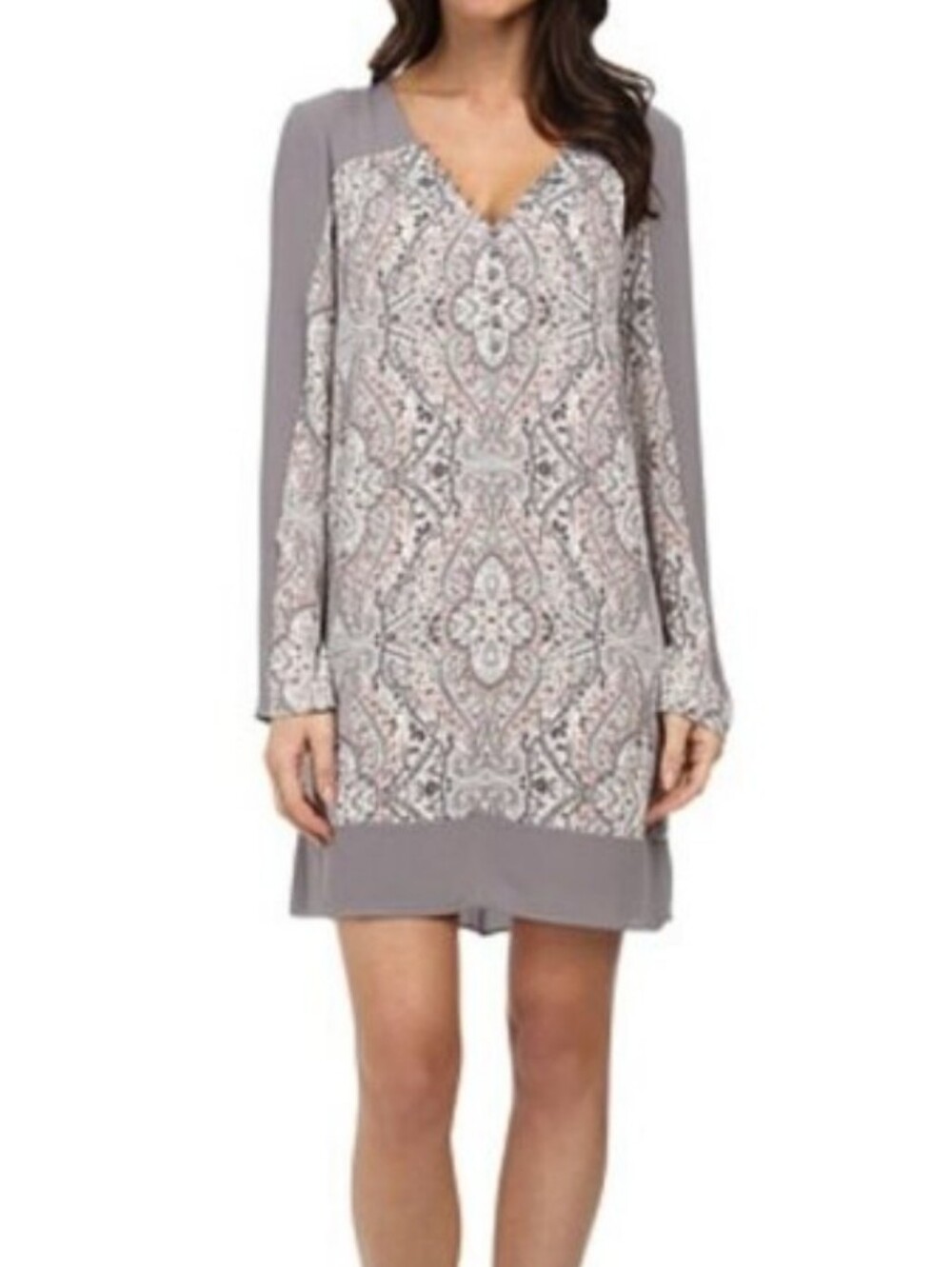 BCBGMaxAzria Gray-Pink Giada Printed Long-Sleeve Shift Dress